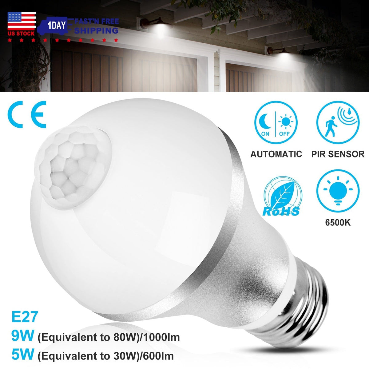 E27 Motion Sensor Light Bulb 9W/5W 1000LM 6500K Dusk to Dawn Automatic On/Off LED Light Bulb Indoor Outdoor Use