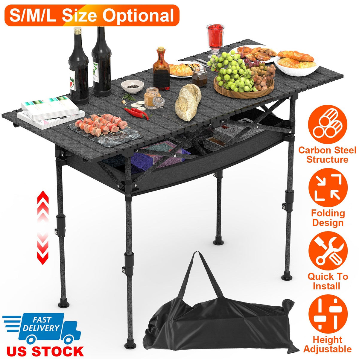 Portable Folding Camping Table With Adjustable Height Hanging Net Rustproof Carbon Steel Foldable Roll-Up Camping Table for Picnic Camping Hiking Beac