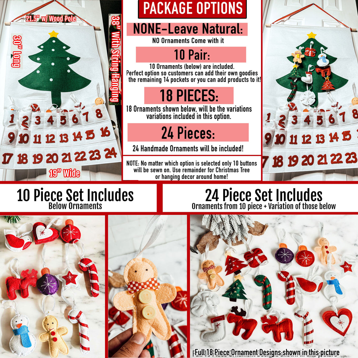 Felt Christmas Advent Calendar Kids Countdown Pockets And Felt Ornaments