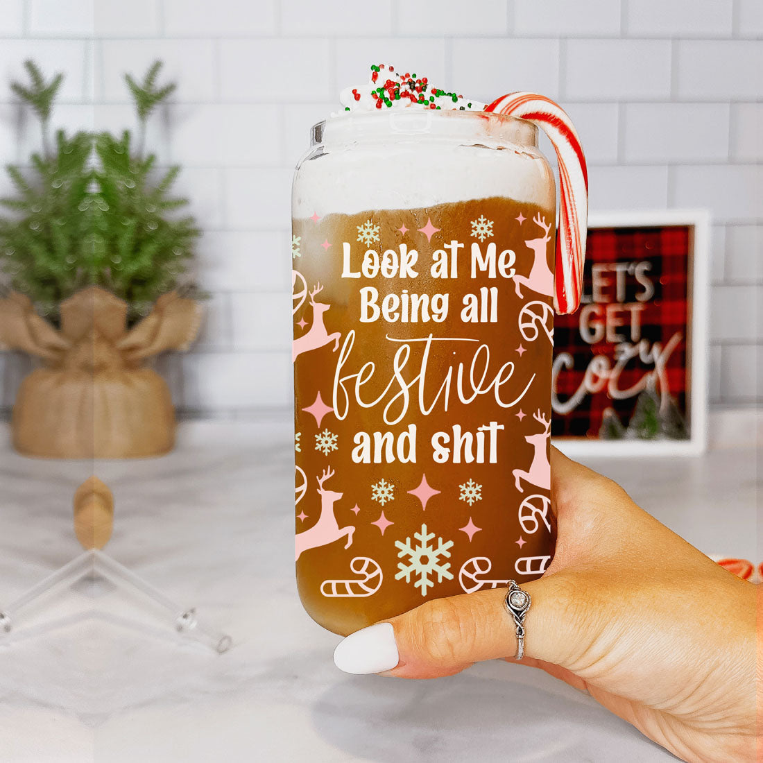 Festive 17oz Holiday Travel Mug Pastel Reindeer Snowflake Candy Cane Cup
