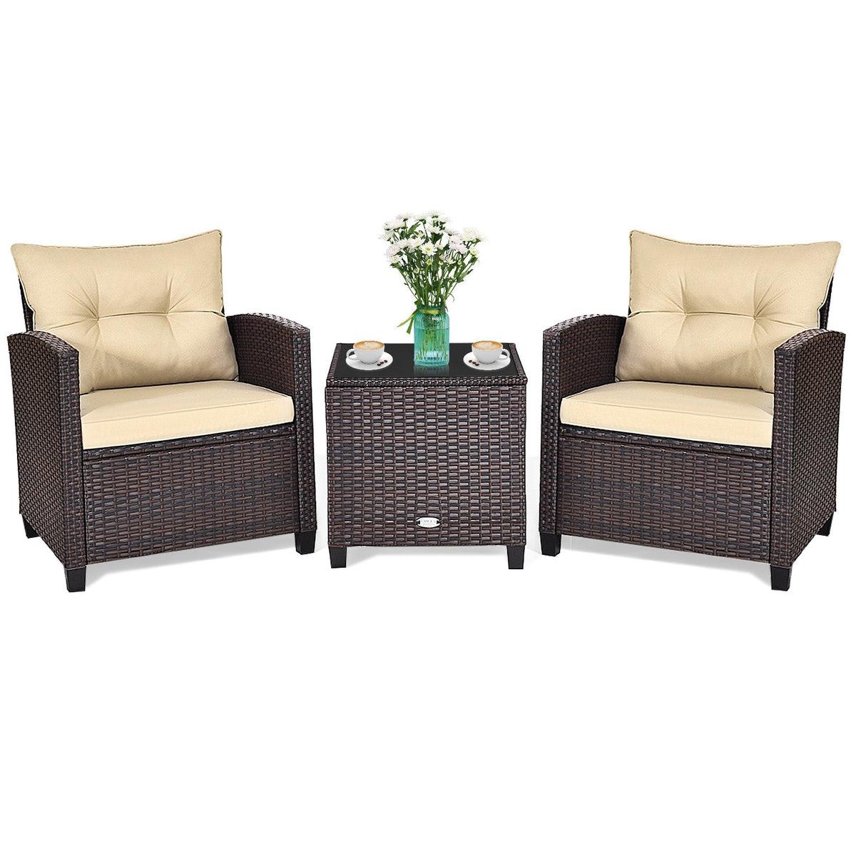 3 Pcs Patio Rattan Furniture Set Cushioned Conversation Set Coffee Table-Beige