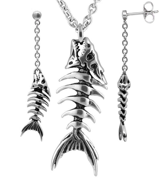 Fish Bone Necklace And Earrings Set Gothic Stainless Steel
