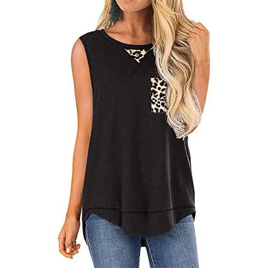 Camisetas sin mangas de verano para mujer, blusa sin mangas con bolsillo de leopardo