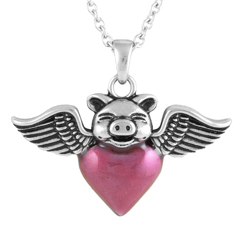 Flying Pig Heart Necklace Pink Enamel Pendant For Women