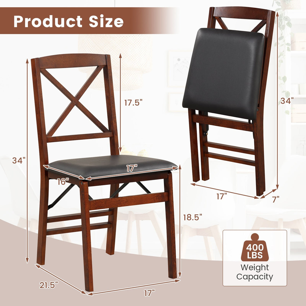 Set of 2 Folding Dining Chairs with 400 LBS Capacity-Brown
