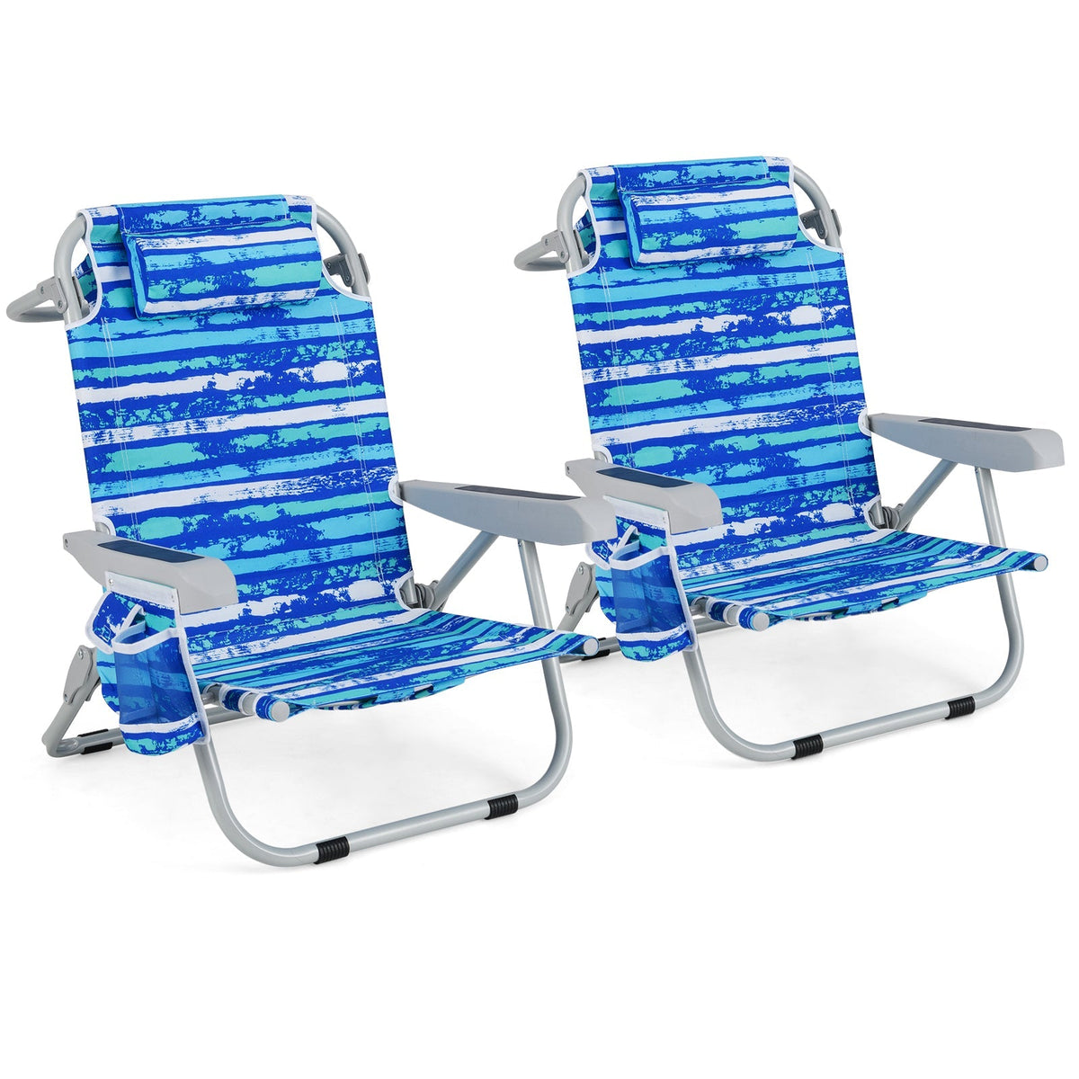 Silla de playa tipo mochila plegable con portavasos y bolsillos de almacenamiento, juego de 2