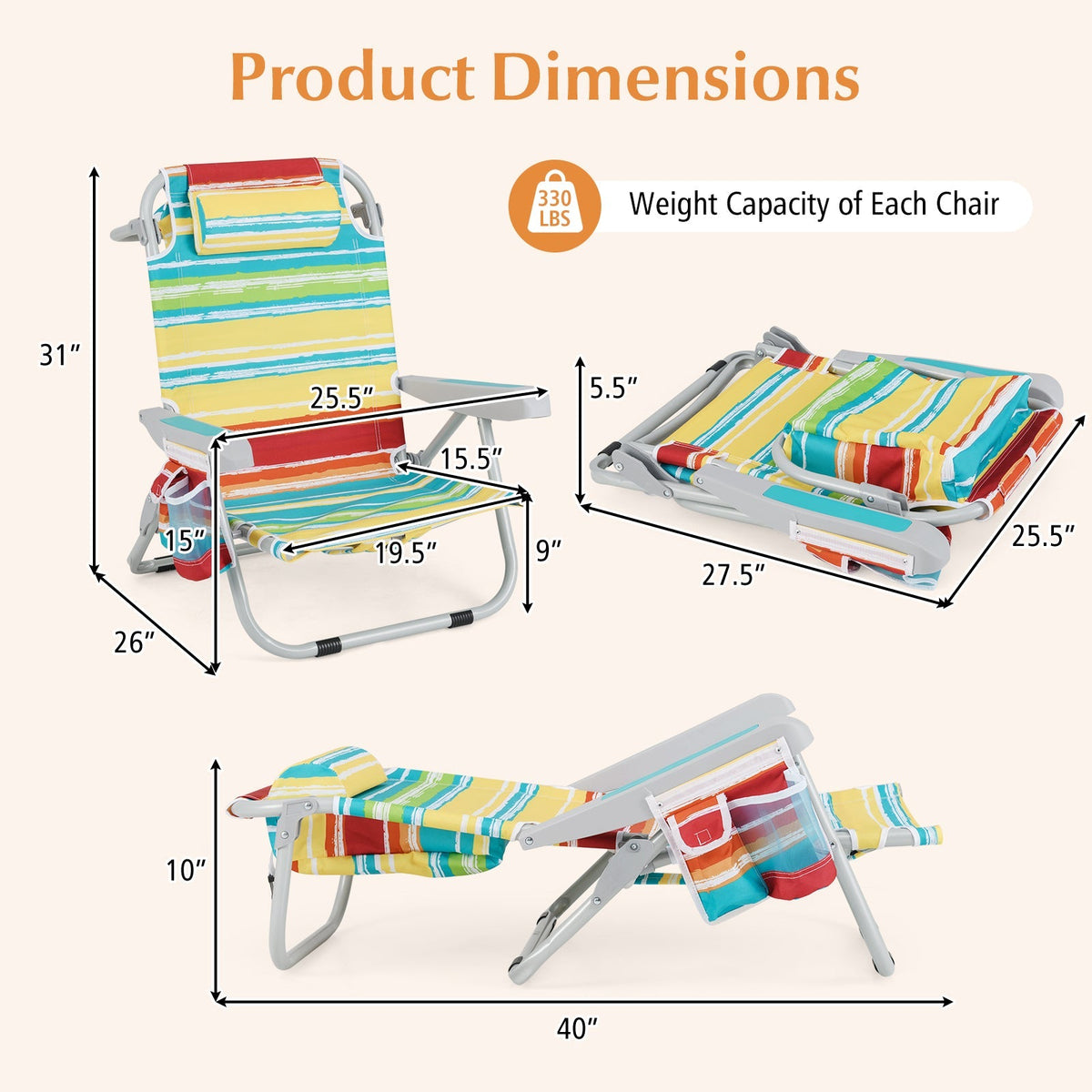 Silla de playa tipo mochila plegable con portavasos y bolsillos de almacenamiento, juego de 2