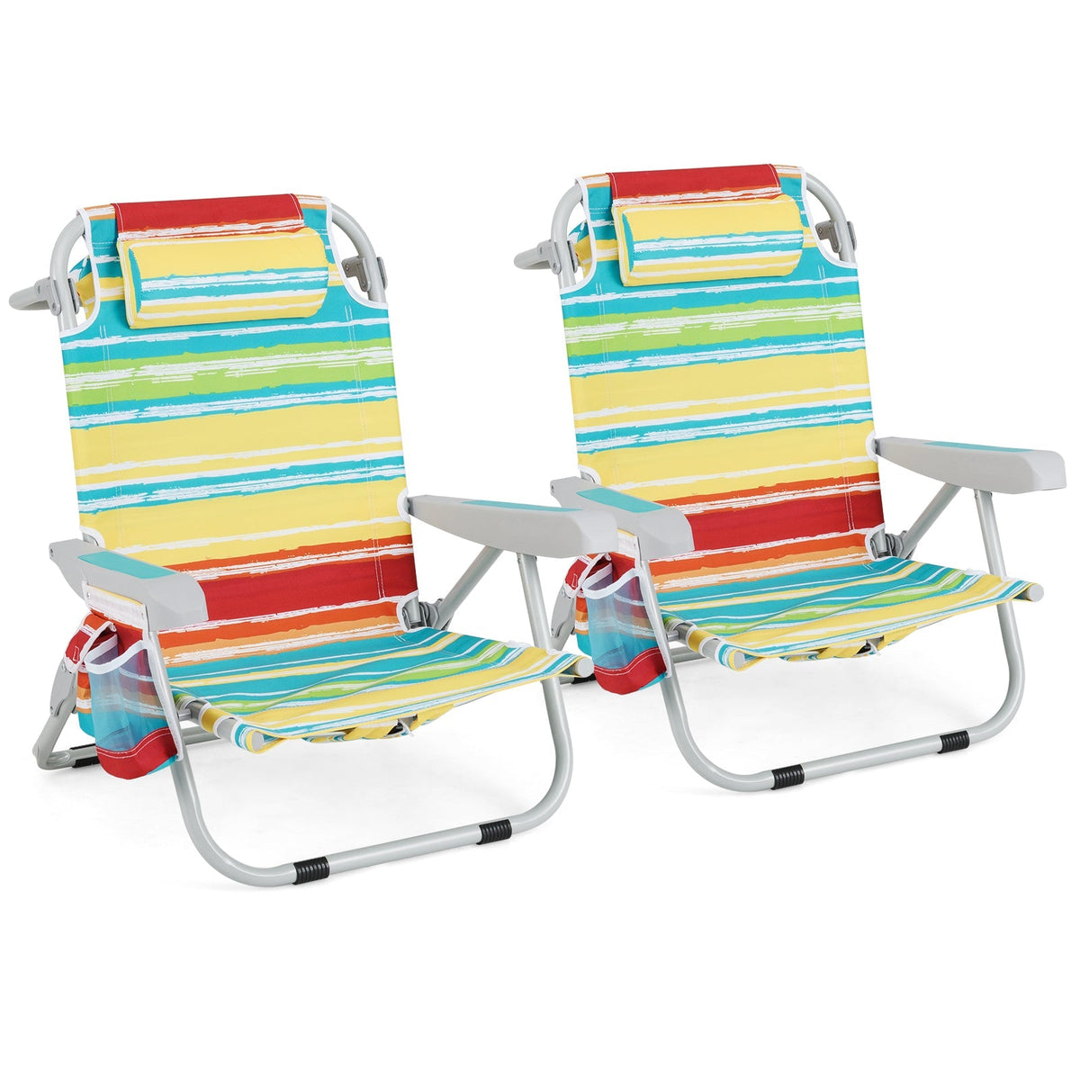 Silla de playa tipo mochila plegable con portavasos y bolsillos de almacenamiento, juego de 2