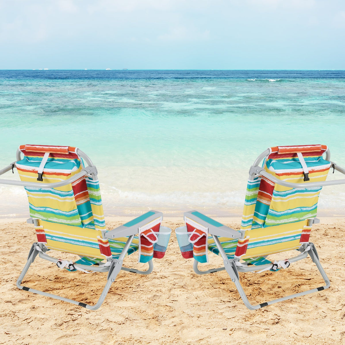 Silla de playa tipo mochila plegable con portavasos y bolsillos de almacenamiento, juego de 2
