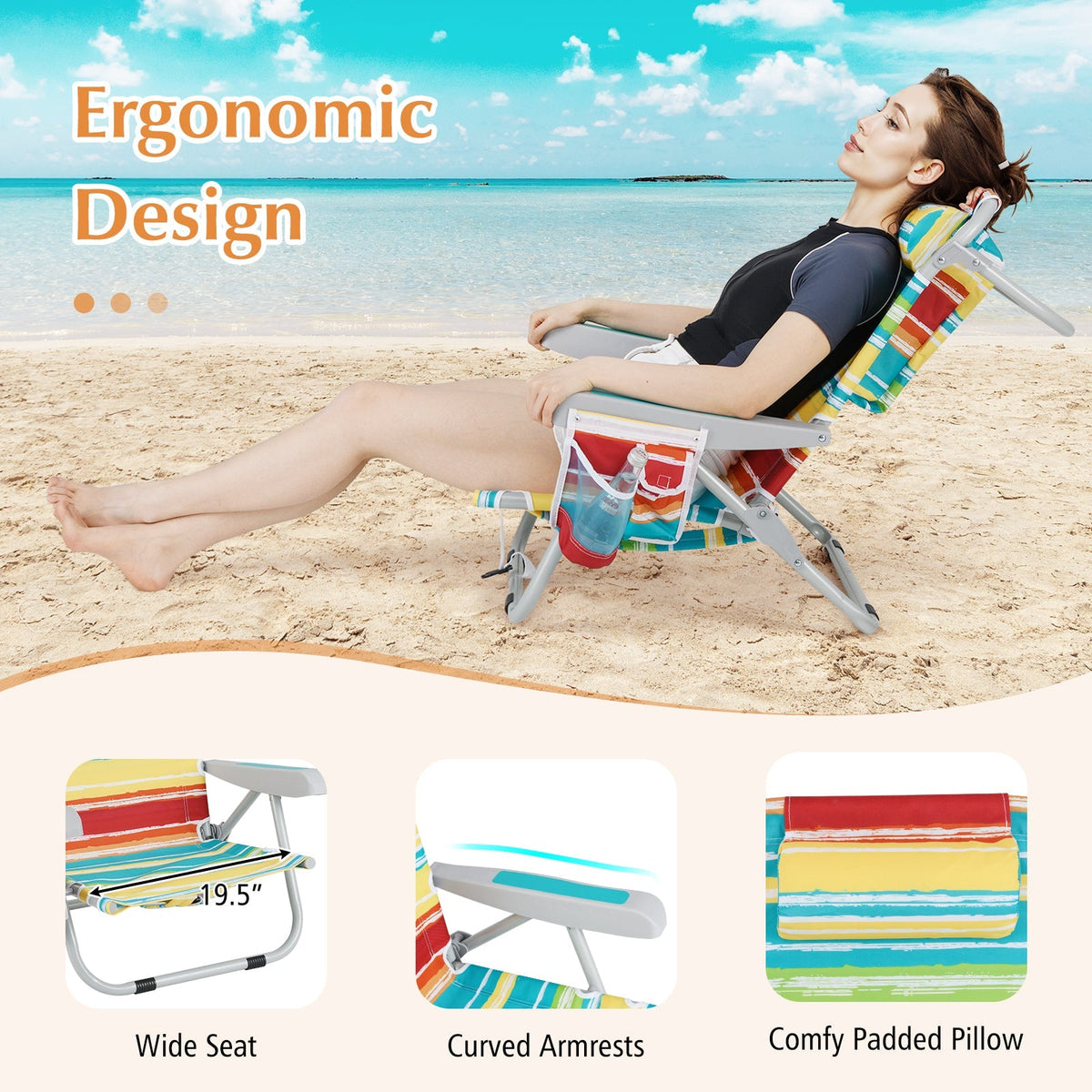 Silla de playa tipo mochila plegable con portavasos y bolsillos de almacenamiento, juego de 2