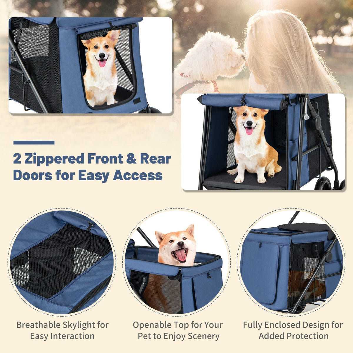 Folding Pet Stroller for Small and Medium Pets with Breathable Mesh andx One-Button Foldable