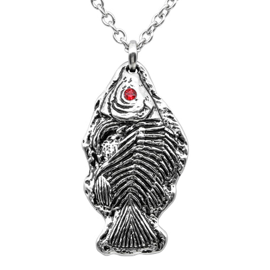 Fossil Fish Pendant Necklace With Red Crystal Eyes Charm