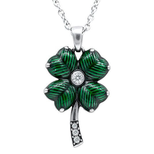 Four Leaf Clover Crystal Pendant Necklace Elegant Silver