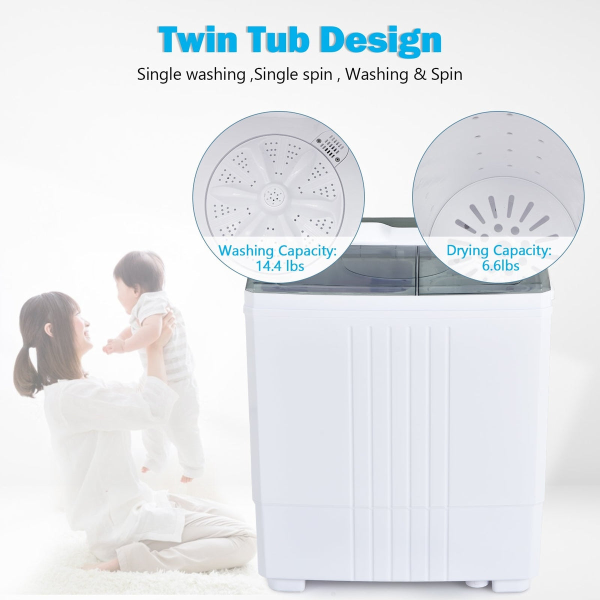 Twin Tub Portable Washing Machine with Timer Control and Drain Pump for Apartment-Gray