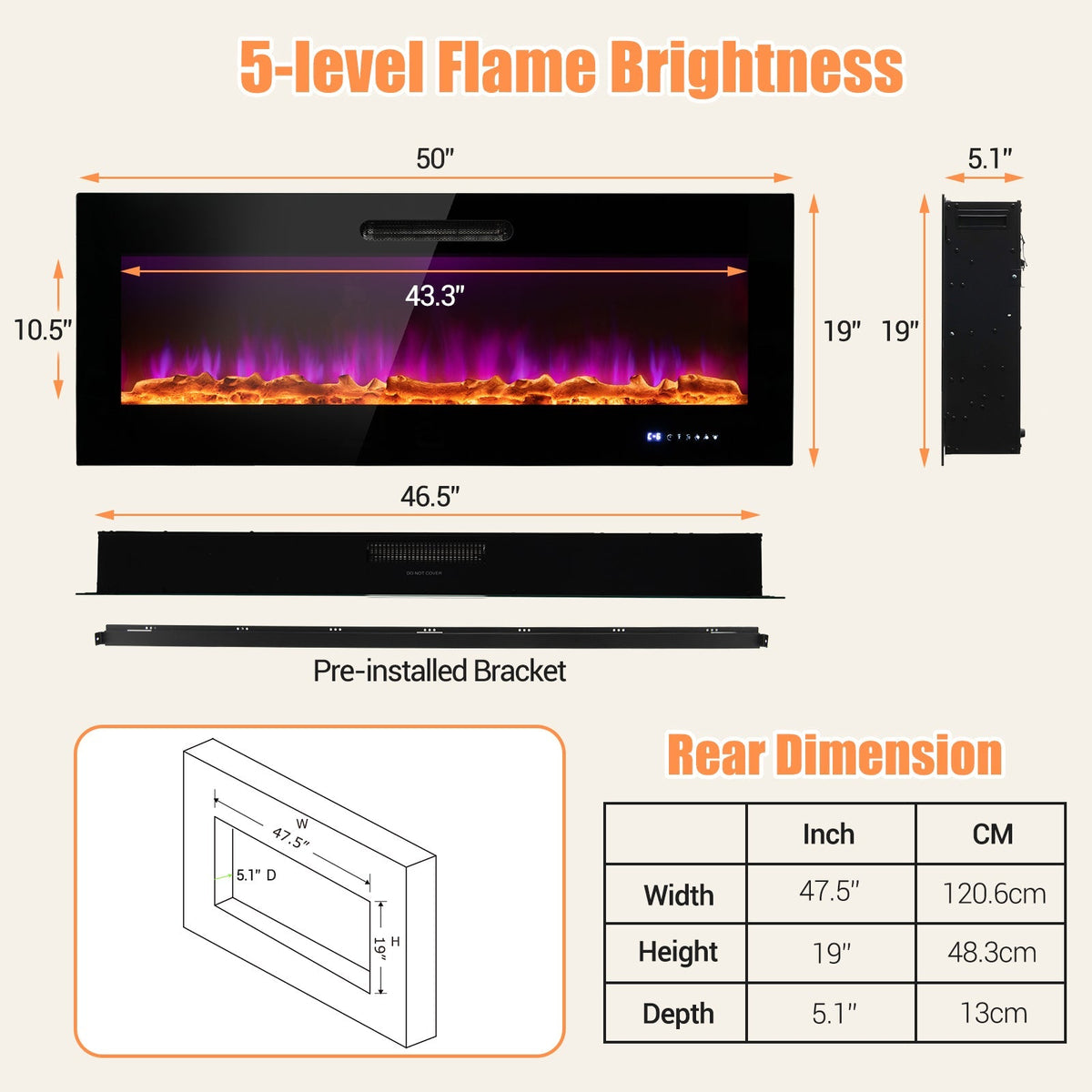 50/60 Inch Wall Mounted Recessed Electric Fireplace with Decorative Crystal and Log