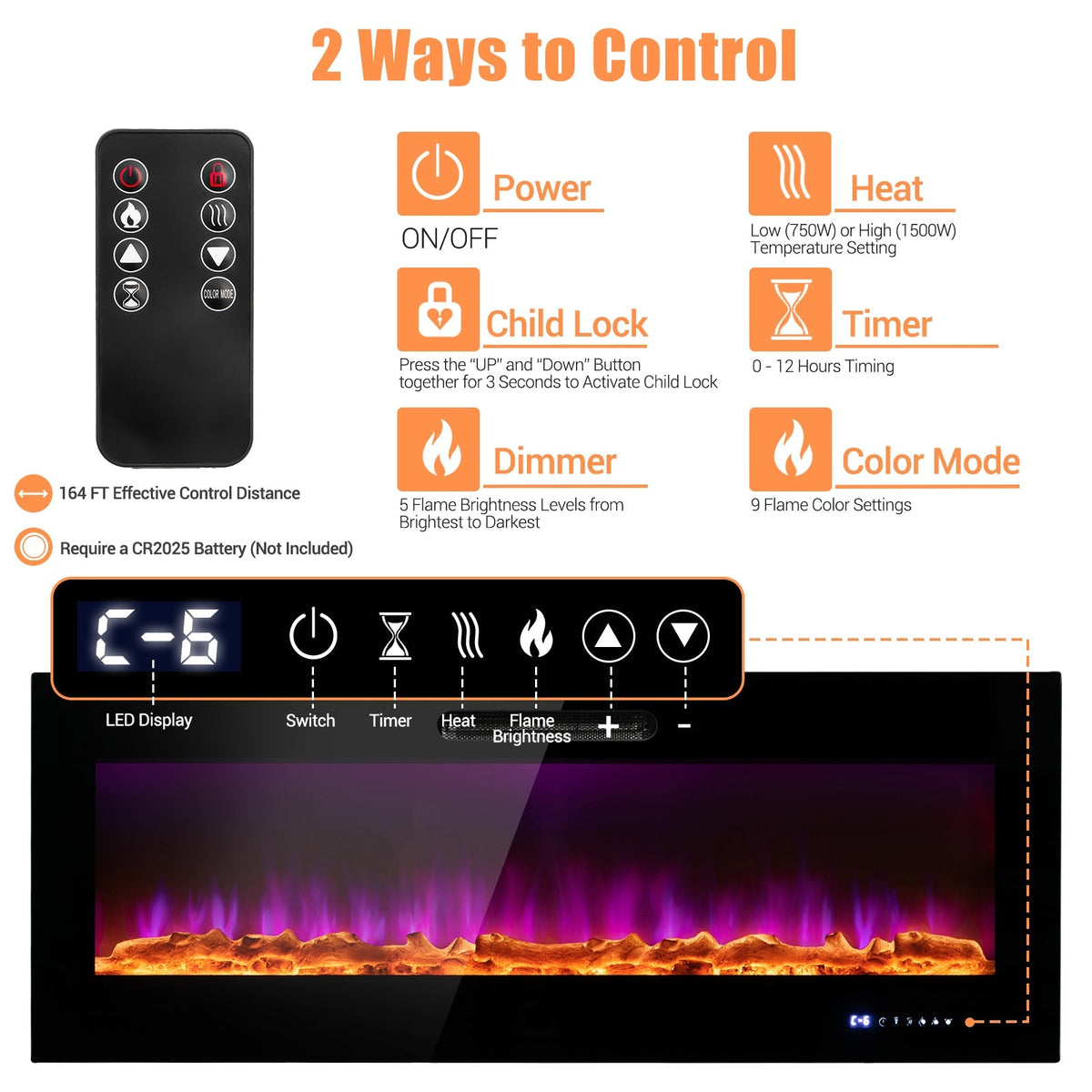 50/60 Inch Wall Mounted Recessed Electric Fireplace with Decorative Crystal and Log