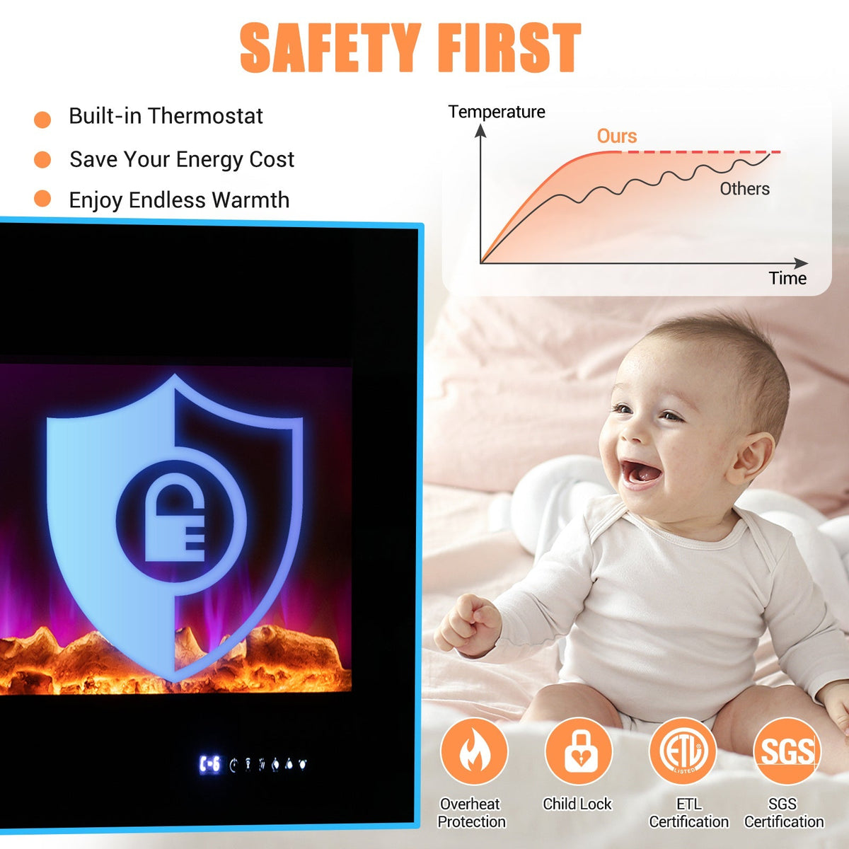 50/60 Inch Wall Mounted Recessed Electric Fireplace with Decorative Crystal and Log