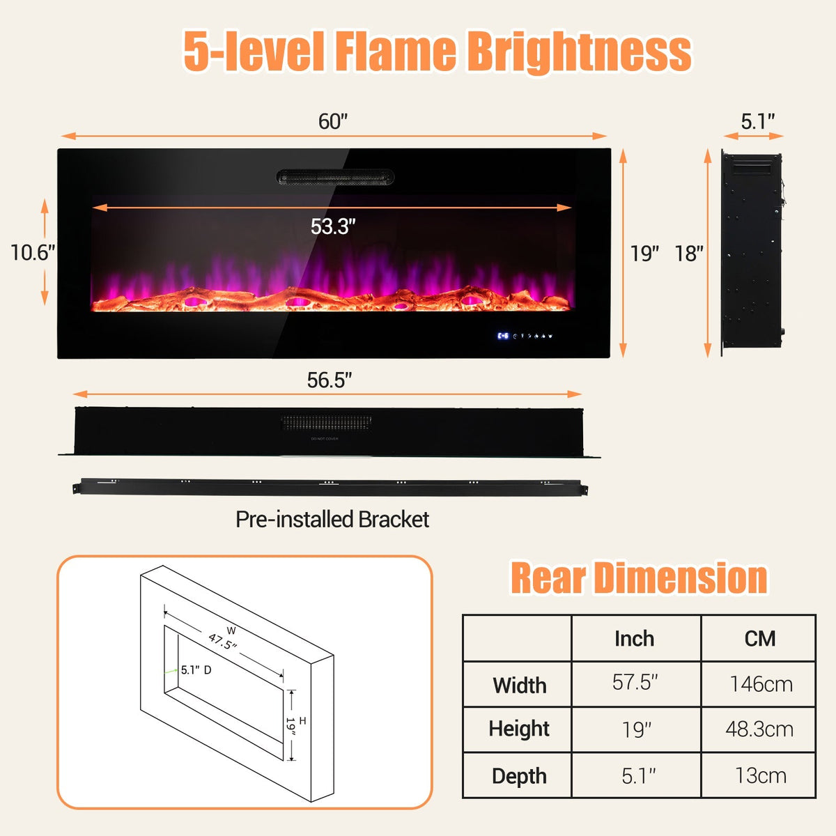 50/60 Inch Wall Mounted Recessed Electric Fireplace with Decorative Crystal and Log