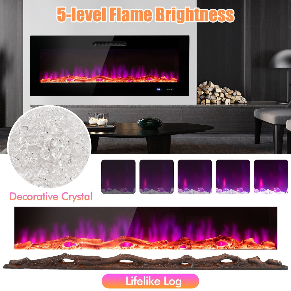 50/60 Inch Wall Mounted Recessed Electric Fireplace with Decorative Crystal and Log