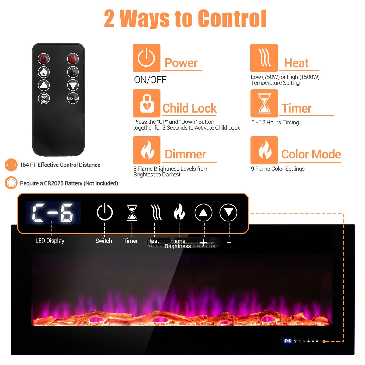 50/60 Inch Wall Mounted Recessed Electric Fireplace with Decorative Crystal and Log