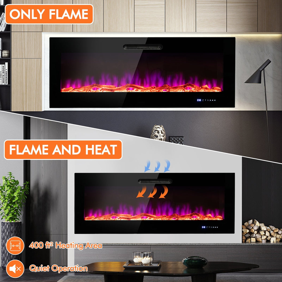 50/60 Inch Wall Mounted Recessed Electric Fireplace with Decorative Crystal and Log