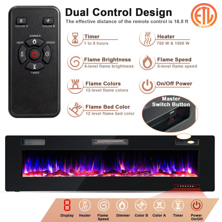 Chimenea eléctrica empotrada ultrafina de 68"