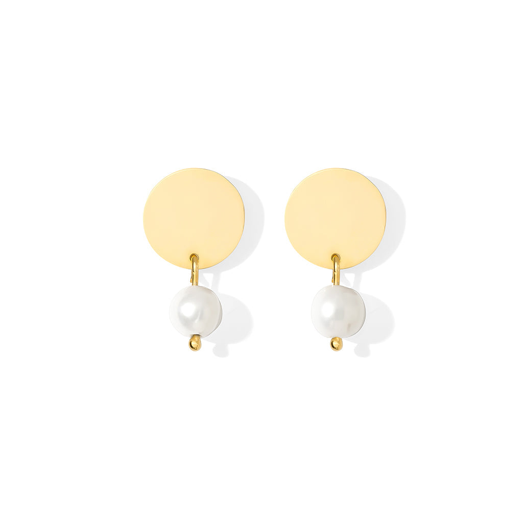 Freshwater Pearl Disc Earrings Recycled Shell Gold Plated Minimalist 1920s