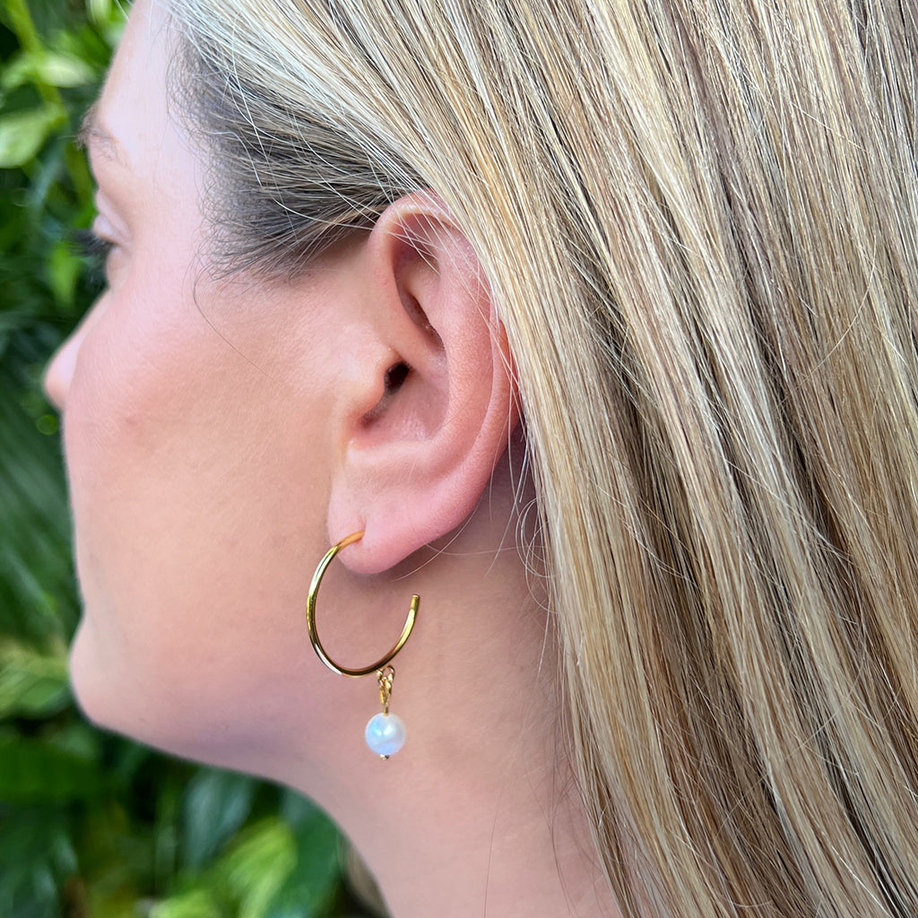 Freshwater Pearl Hoop Earrings Gold Plated Recycled Shell Brass Minimal