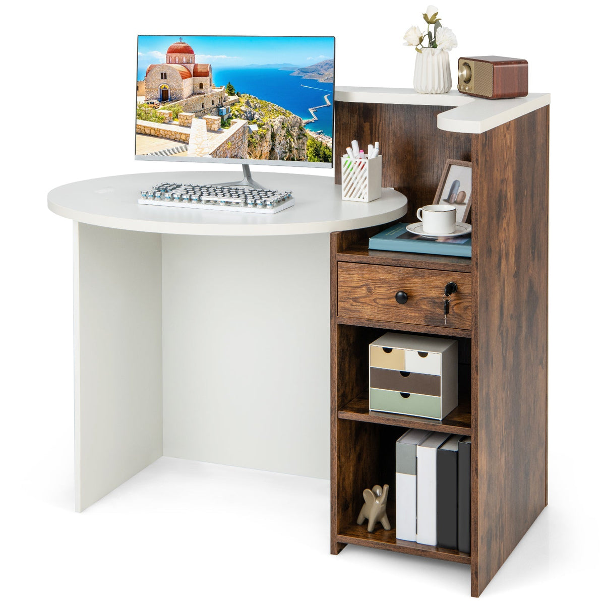 Front Reception Office Desk with Open Shelf and Drawer