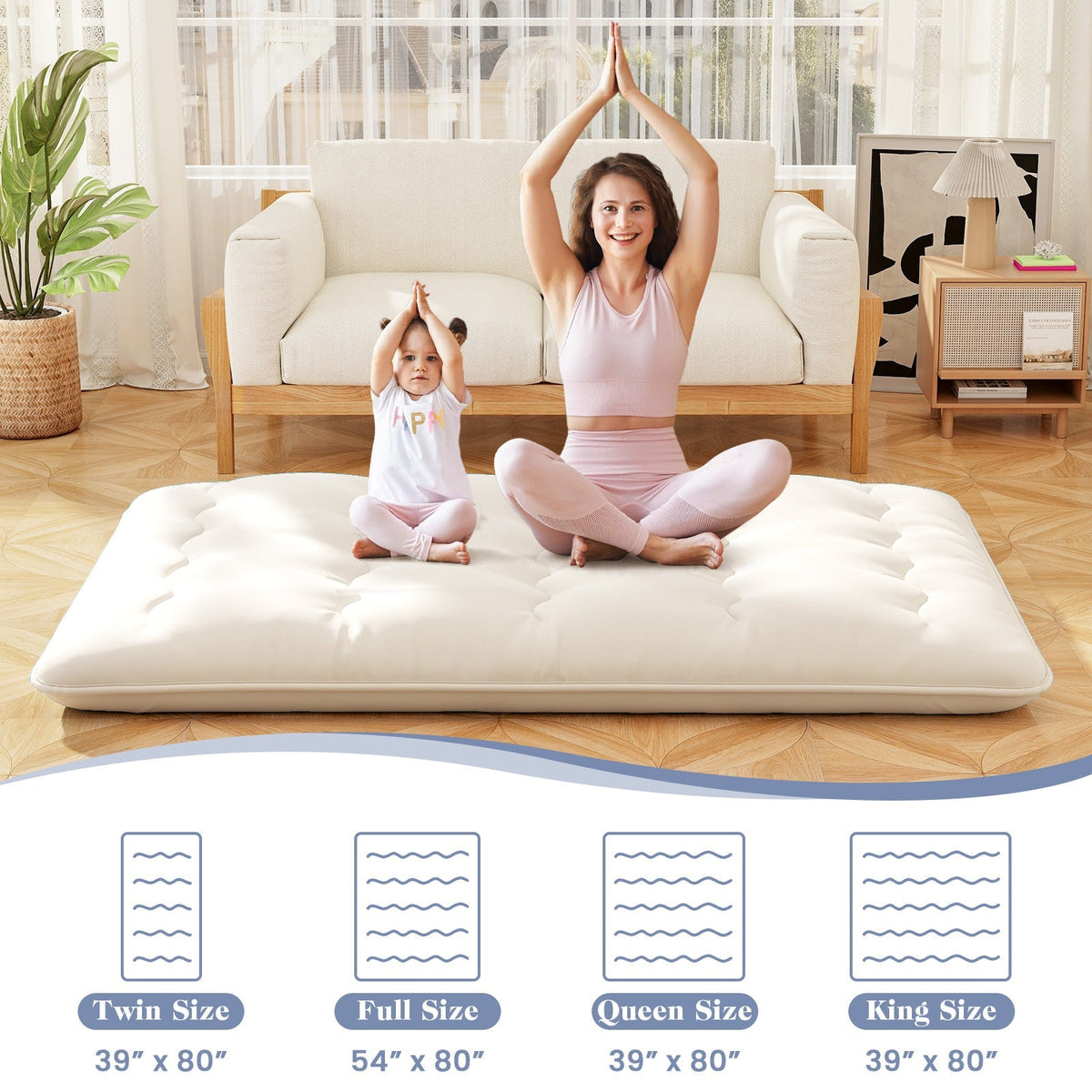 Queen/King/Twin/Full Futon Mattress Floor Sleeping Pad with Washable Cover Beige