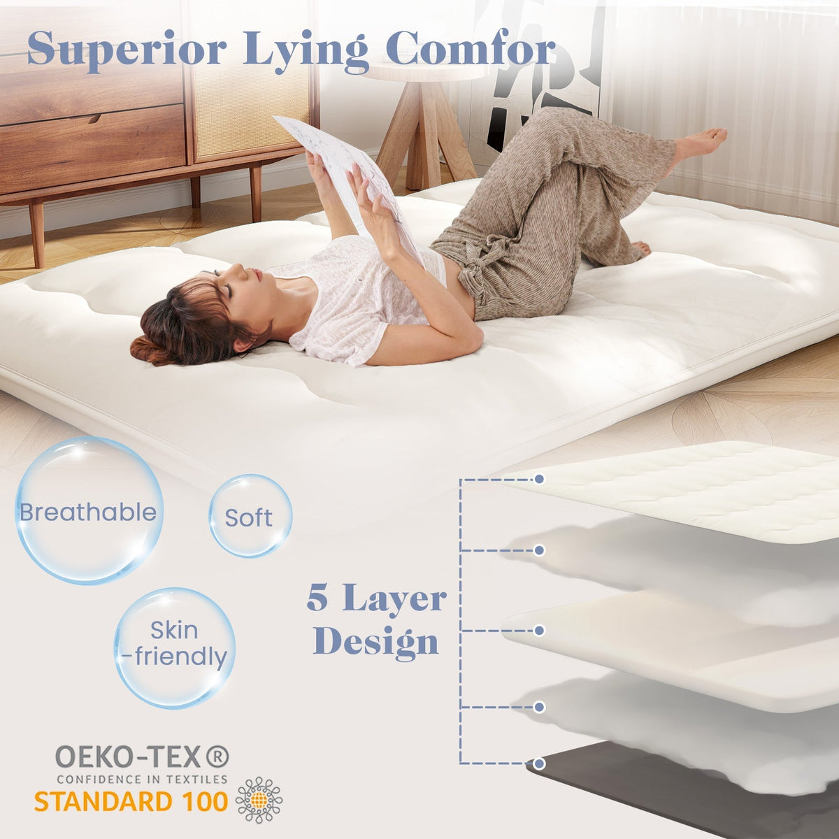 Queen/King/Twin/Full Futon Mattress Floor Sleeping Pad with Washable Cover Beige
