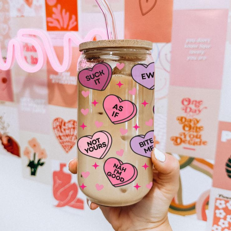 Funny Candy Heart Glass Cup 20oz With Bamboo Lid - Sarcastic V Day Gift