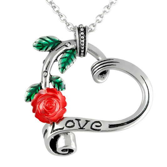 Garden Heart Pendant Necklace With Rose Leaf Silver Charm