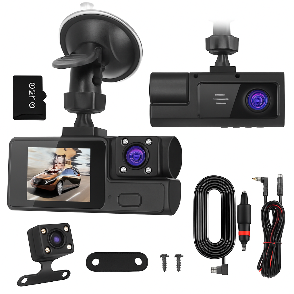 Car Dash Cam 3-Channel Front Inside Rear