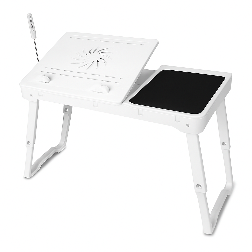 Mesa plegable para portátil, escritorio para notebook en cama con ventilador de refrigeración, alfombrilla para ratón, luz LED, 4 puertos USB y bandeja para desayuno/aperitivos con ranura de almacenamiento para oficina en casa