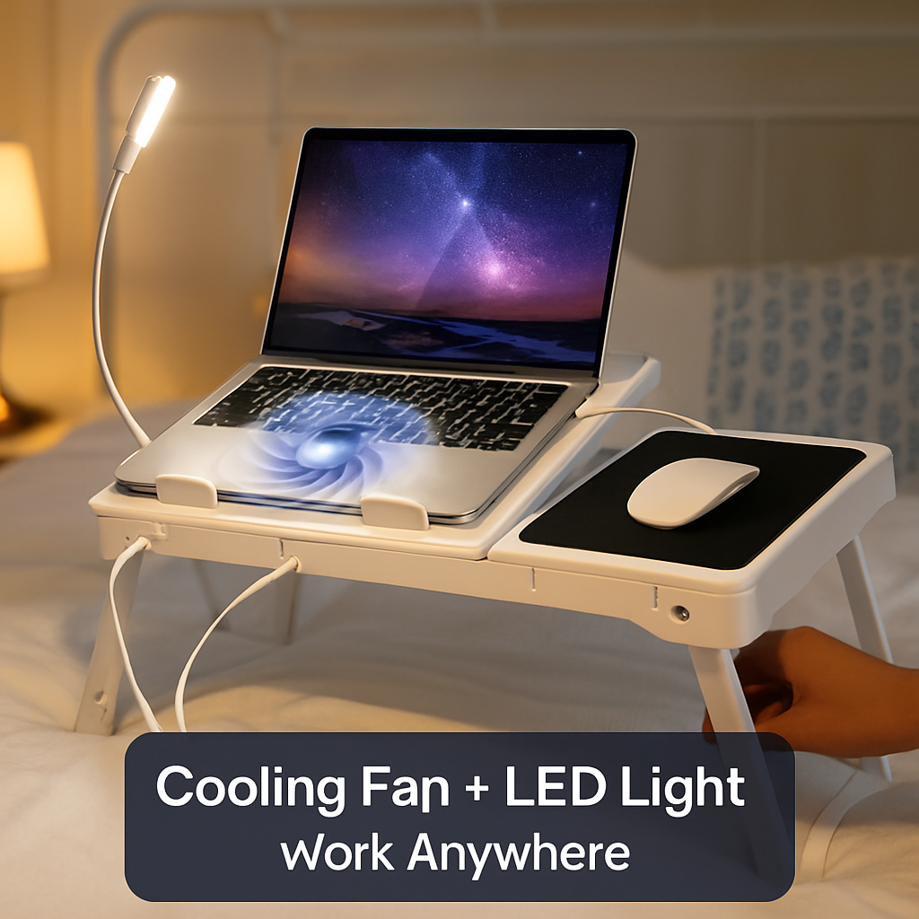 Mesa plegable para portátil, escritorio para notebook en cama con ventilador de refrigeración, alfombrilla para ratón, luz LED, 4 puertos USB y bandeja para desayuno/aperitivos con ranura de almacenamiento para oficina en casa