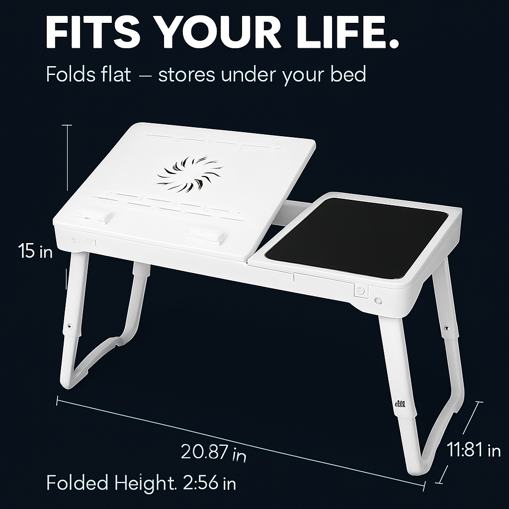 Mesa plegable para portátil, escritorio para notebook en cama con ventilador de refrigeración, alfombrilla para ratón, luz LED, 4 puertos USB y bandeja para desayuno/aperitivos con ranura de almacenamiento para oficina en casa