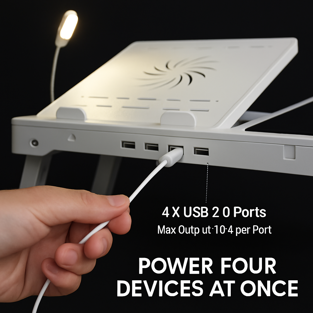 Mesa plegable para portátil, escritorio para notebook en cama con ventilador de refrigeración, alfombrilla para ratón, luz LED, 4 puertos USB y bandeja para desayuno/aperitivos con ranura de almacenamiento para oficina en casa