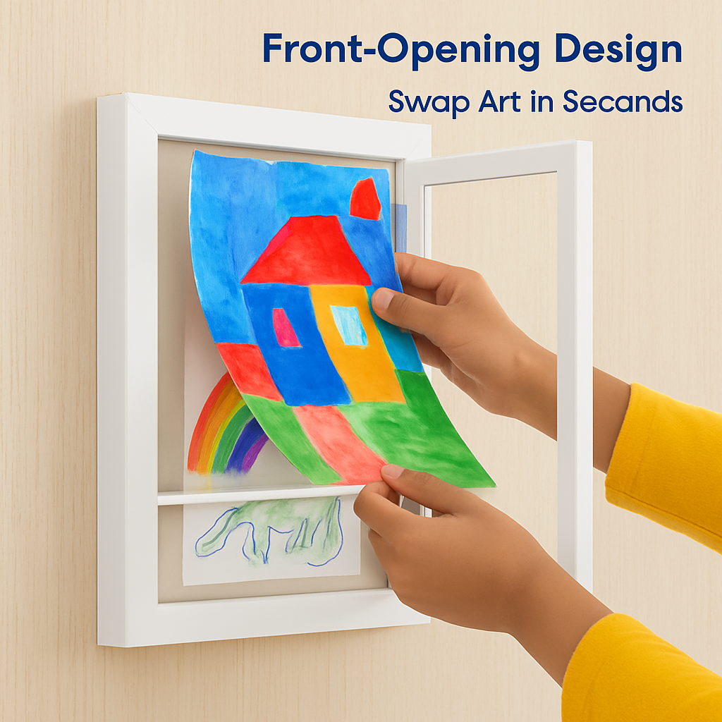 Kids Art Frame - Front-Opening Wooden Display for Artwork