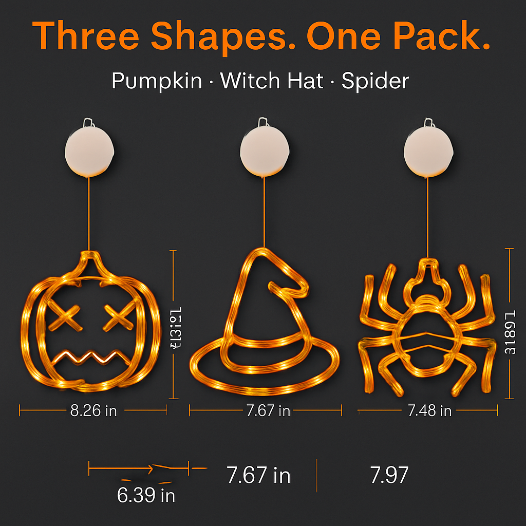 Halloween Window Light Trio: Spider, Witch Hat & Pumpkin