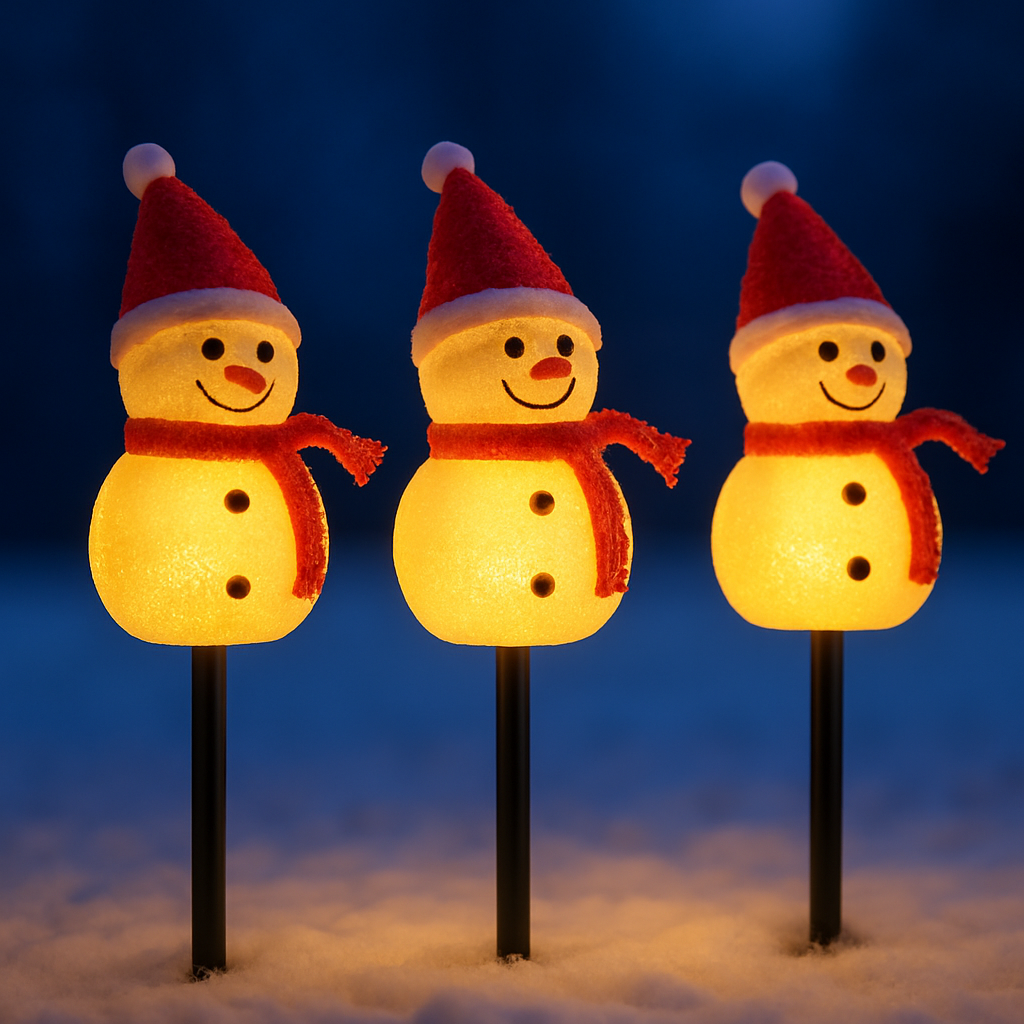 Estaca de muñeco de nieve solar - Paquete de 3, decoración de exterior blanco cálido