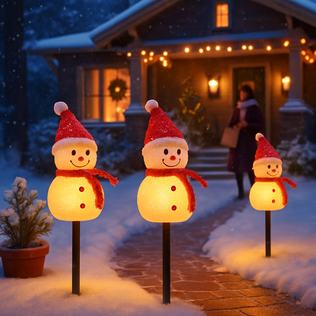 Estaca de muñeco de nieve solar - Paquete de 3, decoración de exterior blanco cálido