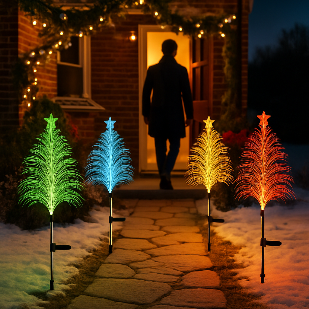 4Pack 7 Color Changing Solar Christmas Tree Lights Outdoor Optical Fiber Stake Lights Cedar Tree Lights with Topper Star IP44 Waterproof for Garden Ya