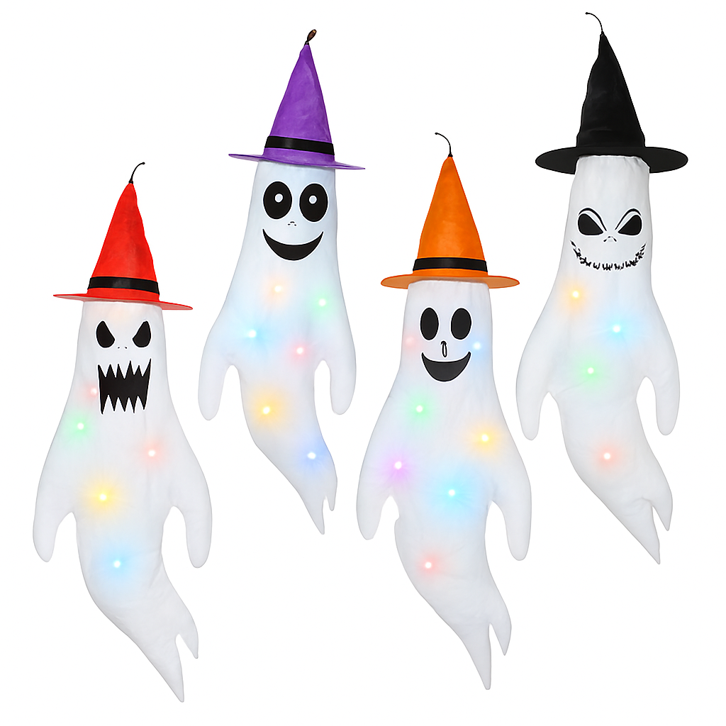 Halloween Ghost Windsocks with Witch Hats and LED Lights
