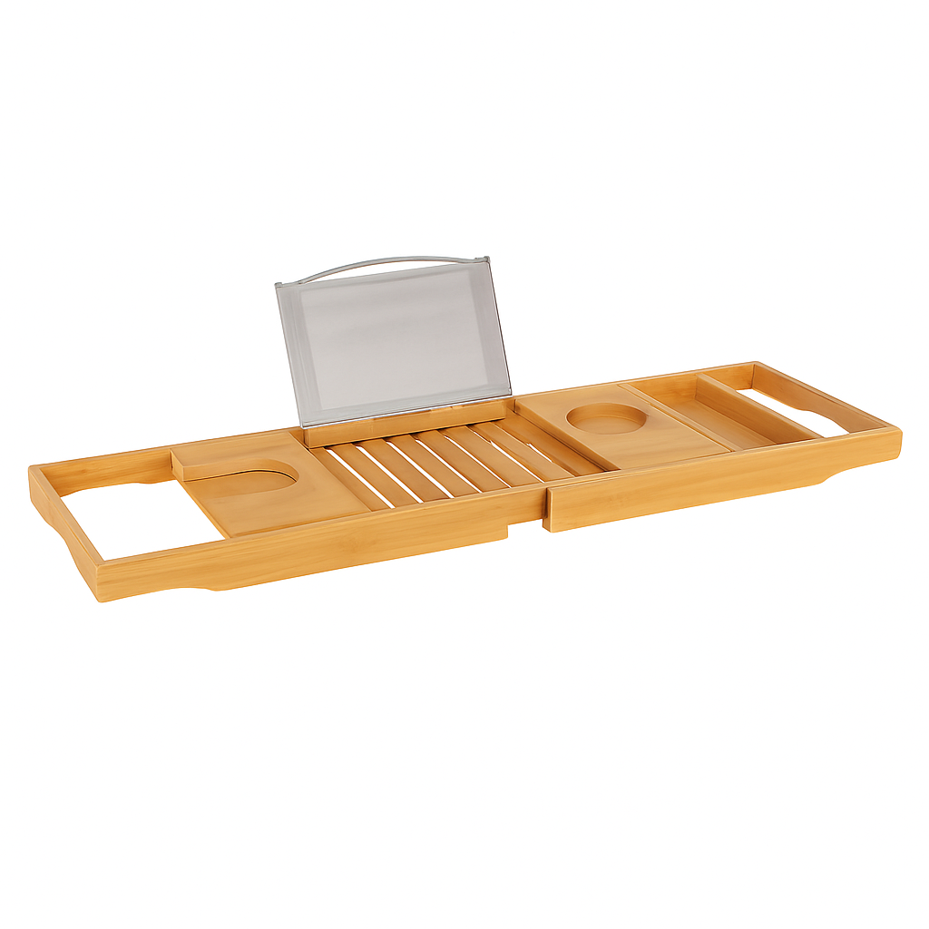 Bandeja para bañera de bambú, mesa para baño con soporte extensible para lectura, soporte para tableta y teléfono, porta copas de vino, estante para spa en el hogar