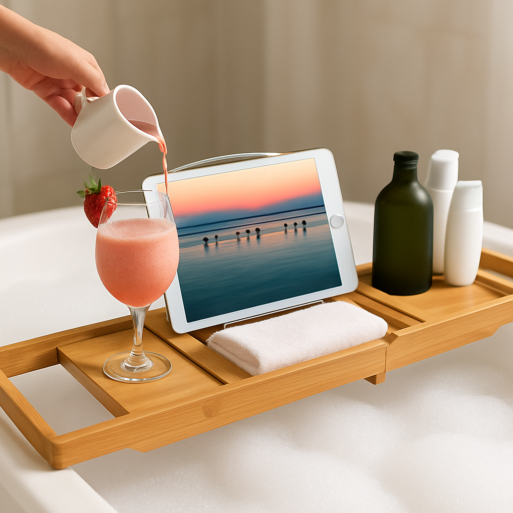 Bandeja para bañera de bambú, mesa para baño con soporte extensible para lectura, soporte para tableta y teléfono, porta copas de vino, estante para spa en el hogar