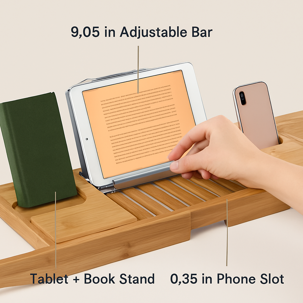 Bandeja para bañera de bambú, mesa para baño con soporte extensible para lectura, soporte para tableta y teléfono, porta copas de vino, estante para spa en el hogar