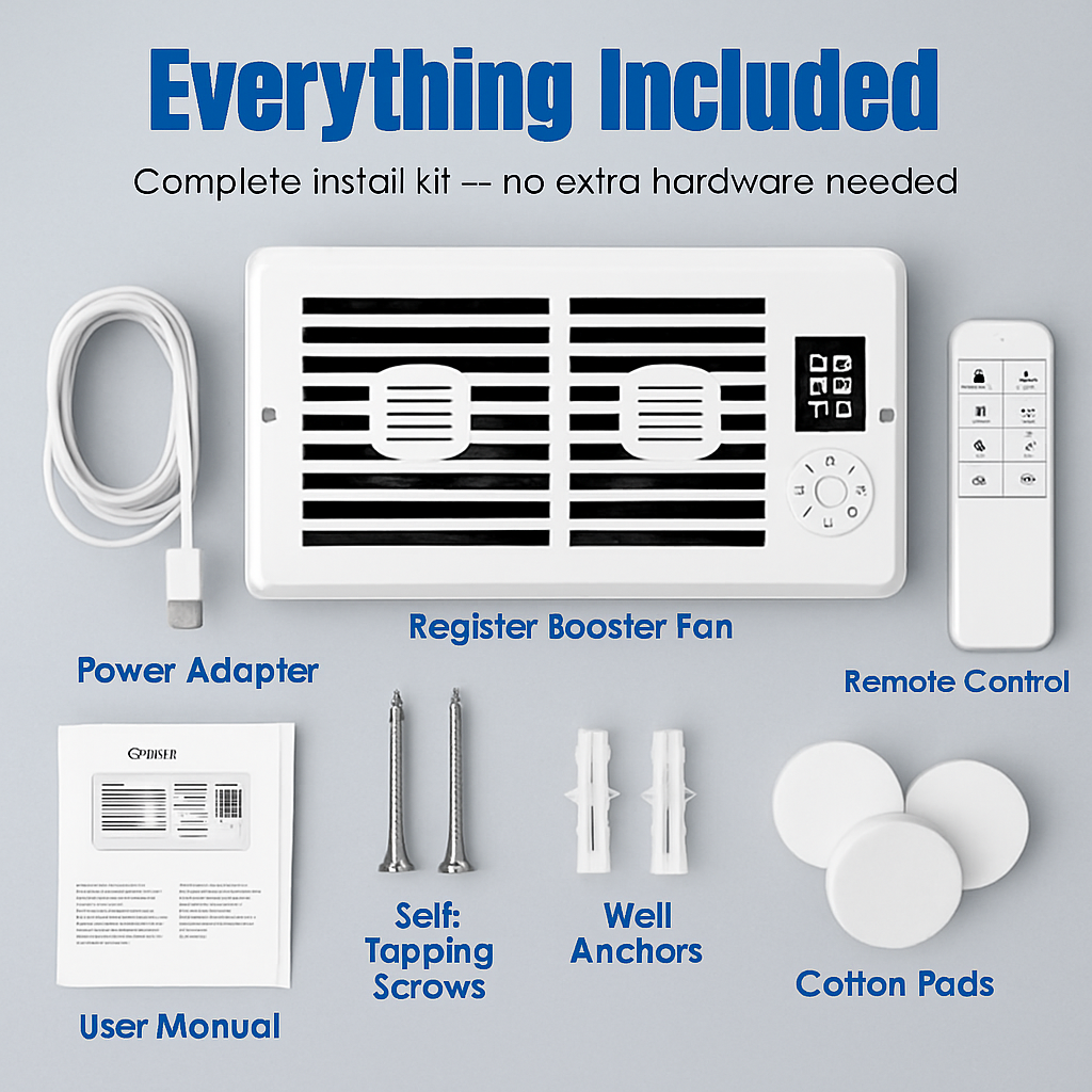 Register Booster Fan Smart AC Vent Booster Fan Fits 4" x 10" Register Holes with 3 Modes 10 Speeds 2H/4H Timer LCD Screen 2 Scent Diffuser Slots Remot