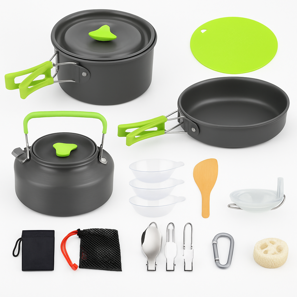 Juego de utensilios de cocina para camping de 16 piezas: olla, sartén, hervidor con tazones