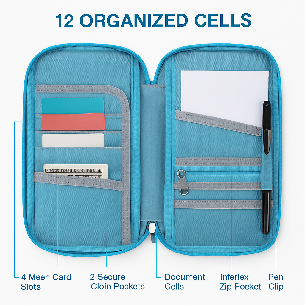 Cartera de viaje para pasaporte con 12 compartimentos, organizador de documentos, tarjetas de crédito, identificación y teléfono, estuche resistente al agua con cremallera para viajes de negocios y uso diario